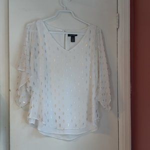 White House Black Market Top Womens White with Gold Metallic Silk Blouse, XS